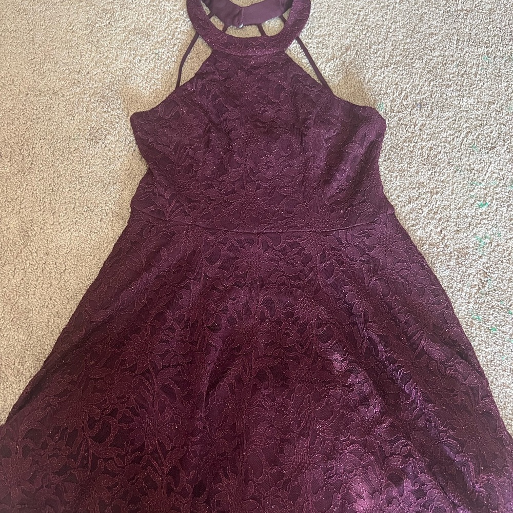 B. Smart Red and Purple Sleeveless Halter A-Line Dress